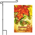 New G128 Garden Flag Autumn Greetings Large Maple Leaf & Stand Black. Fixed Price $24.99.