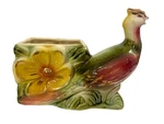 Vintage Pottery Hand Painted Pink Yellow Peacock Bird Cart Flower Planter. Fixed Price $18.00.