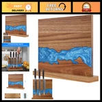 Acacia Wood Double Sided Magnetic Knife Block Blue Resin River Stand. Fixed Price $76.99.