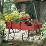 Rustic Red Wooden Amish Country Wagon Garden Statue Planter. Fixed Price $49.95.