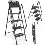 Lightweight 4-TIER Step Ladder With Extended Top Handrail, Anti-tip Design Black. Fixed Price $69.99.