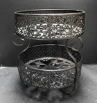 Black Metal Filigree Old World Spanish Style Two Tier Fruit Basket Plant Stand. Fixed Price $40.00.