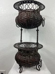 Vintage 2 Tier Rattan Basket Iron Plant/flower Stand Ornate Old World Style. Fixed Price $90.00.