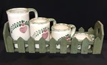 Vintage Ceramic Measuring Cups With Wooden Picket Fence Holder.. Fixed Price $30.00.