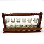 Vintage John Wagner & Sons Wood Spice Caddy And 6 Glass Jars Labels. Fixed Price $51.00.