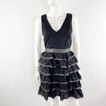 Meghan Los Angeles Black & Gray Silk Dress Size 6 Tiered Ruffle Formal Evening. Fixed Price $14.99.