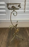 Vintage Wrought Iron Metal Plant Stand Antiqued Patina Gold Finish Floral Mcm. Fixed Price $65.00.