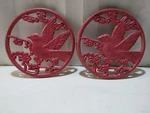 Vintage Cast Iron Enamel Pink Red Pair Of Bird Design Kitchen Trivets Pot Holder. Fixed Price $29.99.