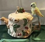 Vtg Whimsical Tea Pot Parrot Cockatiel Bird Handle Cherries Cute Garden Party.. Fixed Price $15.00.