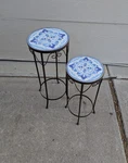 Vintage Set Of 2 Blue Mosaic Tile Top Pedestal Tables Plant Stand Wrought Iron. Fixed Price $450.00.