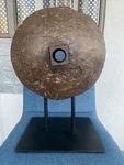 Vintage Solid Teak Cart Wooden Wheel On Metal Stand Heavy Hand Carved. Fixed Price $850.00.