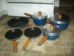 Vintage Mirro 9 Pc Pot Pan Set With Lids Wood Handles Blue. Fixed Price $120.00.