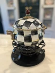 Mackenzie-childs Courtly Check Enamelware Fondue Pot Burner Stand Set. Fixed Price $175.00.